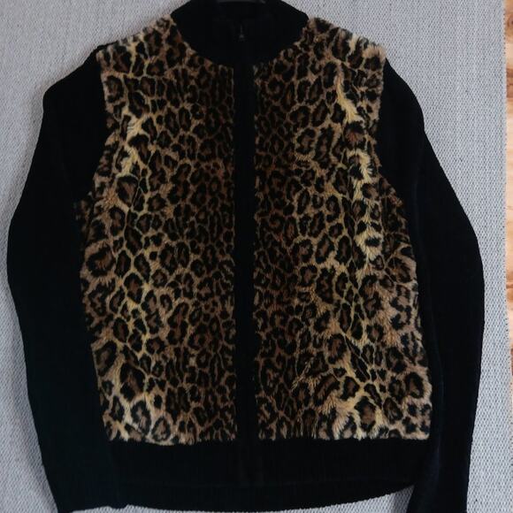 Lisa International Vintage Sherpa Sweater Womens Small Black Leopard Full Zip - Picture 3 of 13